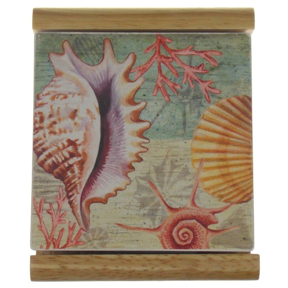 Serenity Seashells Coasters CounterArt Absorbent Stoneware Wooden Holder Set 4 - Picture 2 of 3